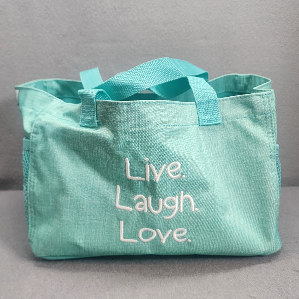 Thirty-One Tote Bag Aqua Teal Live Laugh Love Signature Collection Small Caddy